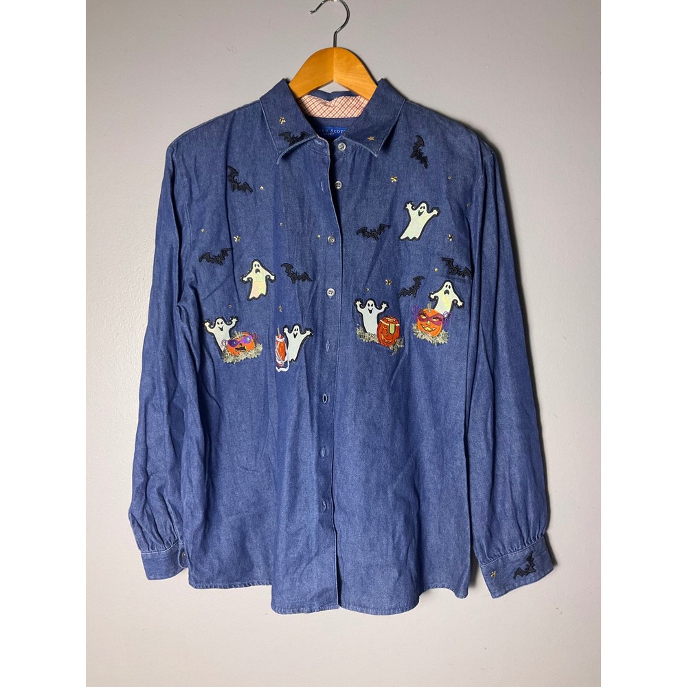 Karen Scott Sport Halloween Denim Shirt Embroidered Ghosts Bats Pumpkin Large